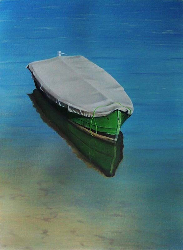 Green Dinghy, acrylic on Arches paper, by James Ainslie