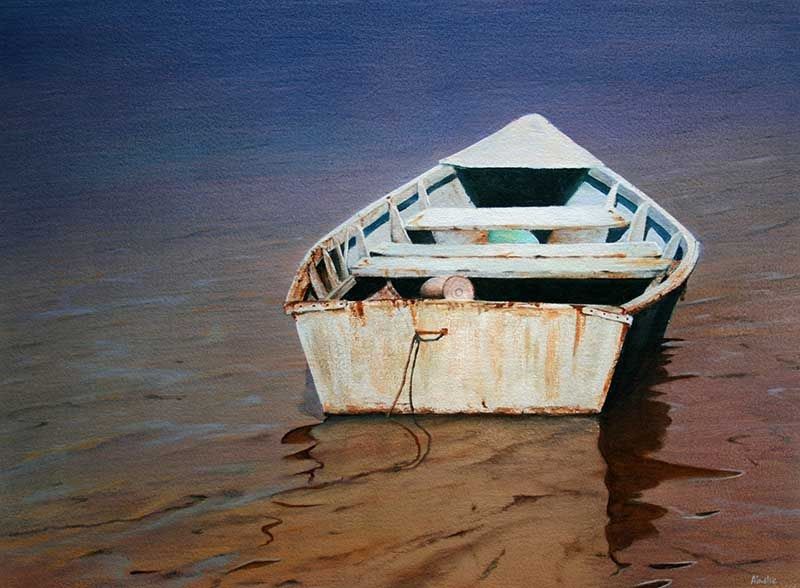 Noosa River Dinghy, acrylic on Arches paper, by James Ainslie